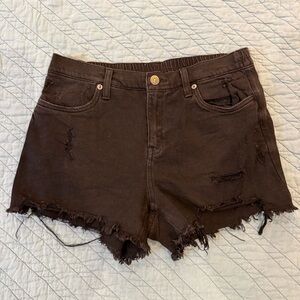 Aerie Black Denim Jean Shorts Distressed Raw Hem Elastic Back S